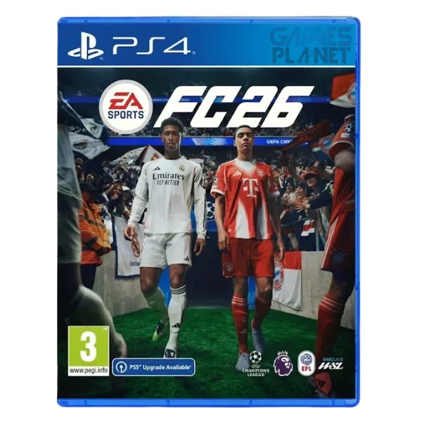 EA SPORTS FC 26 PS4 game cover featuring two professional football players in club kits with official EA SPORTS FC branding and the PlayStation 4 banner at the top.