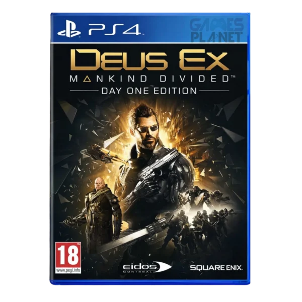 Deus Ex: Mankind Divided PS4 game cover featuring Adam Jensen in futuristic combat gear