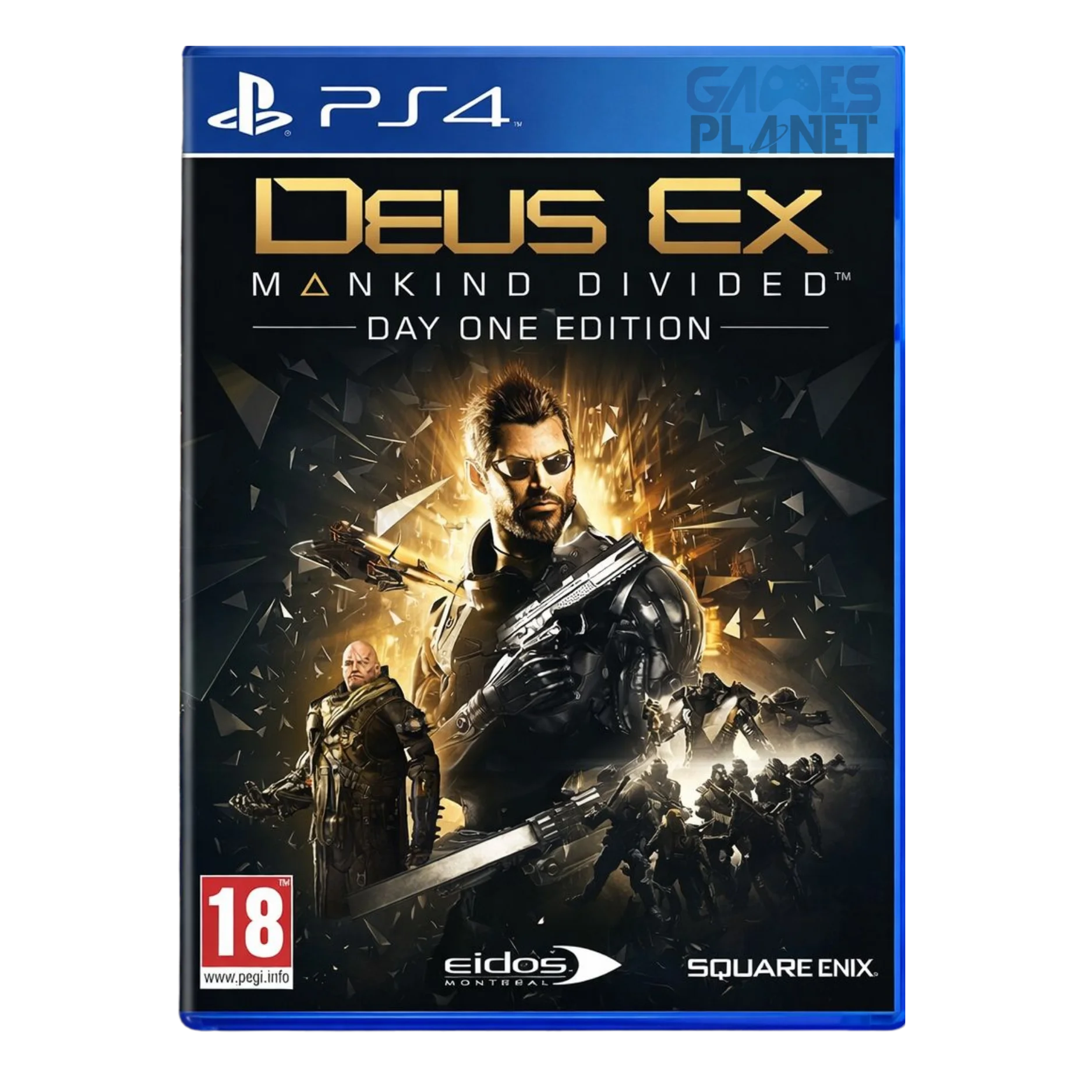 Deus Ex: Mankind Divided PS4 game cover featuring Adam Jensen in futuristic combat gear