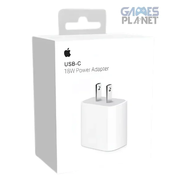 Apple 18W USB-C Power Adapter in white featuring a USB-C charging port, compact design, and fast charging support for compatible iPhone and iPad devices.