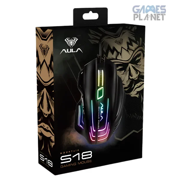 AULA S18 RGB wired gaming mouse with 7 programmable buttons and adjustable 6400 DPI.