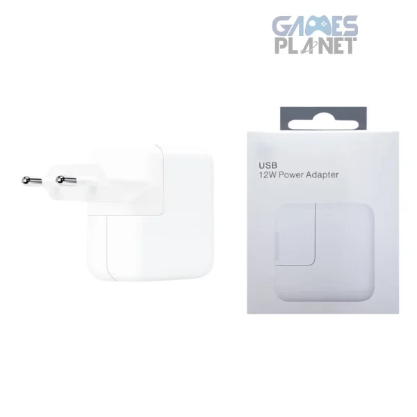 Apple 12W USB Power Adapter in white with USB-A charging port, compact design, and fast, reliable charging for compatible Apple devices.