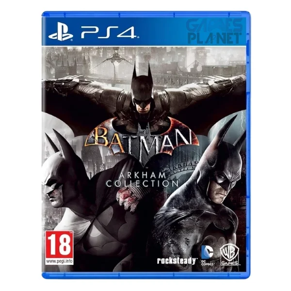 Batman Arkham Collection PS4 game cover featuring Batman standing in a dark Gotham City skyline with iconic villains from Arkham Asylum, Arkham City, and Arkham Knight.