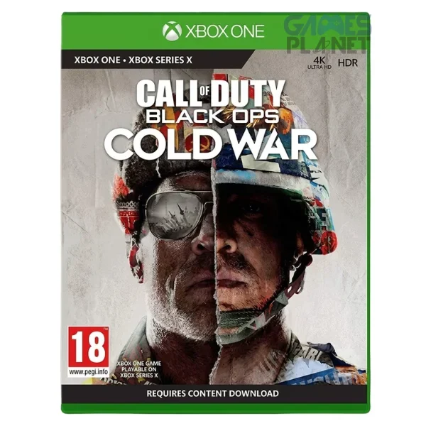 Xbox One edition of Call of Duty: Black Ops Cold War in its retail game case. The cover artwork depicts a split-faced soldier composed of imagery representing opposing Cold War factions, with military elements and a tense espionage theme. The Xbox One branding appears across the top of the case.