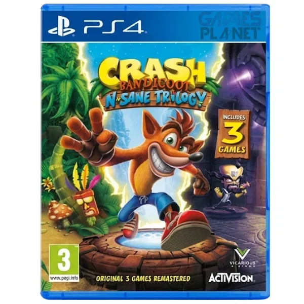 Crash Bandicoot N. Sane Trilogy PS4 game cover featuring Crash Bandicoot running toward the viewer with Aku Aku floating beside him, surrounded by lush jungle scenery and iconic characters, with the PlayStation 4 banner at the top.