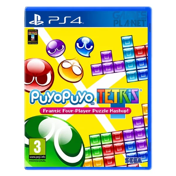 Puyo Puyo Tetris PS4 game cover featuring colorful puzzle characters from the Puyo Puyo and Tetris universes, showcasing the popular crossover puzzle game for PlayStation 4.