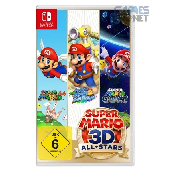 Super Mario 3D All-Stars Nintendo Switch Game Cover Featuring Mario from Super Mario 64, Super Mario Sunshine, and Super Mario Galaxy