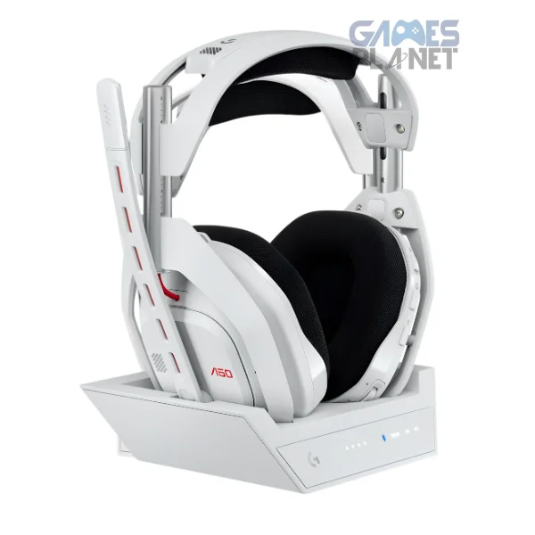 White ASTRO Gaming A50 wireless over-ear gaming headset with padded ear cushions and adjustable headband resting on a plain background.