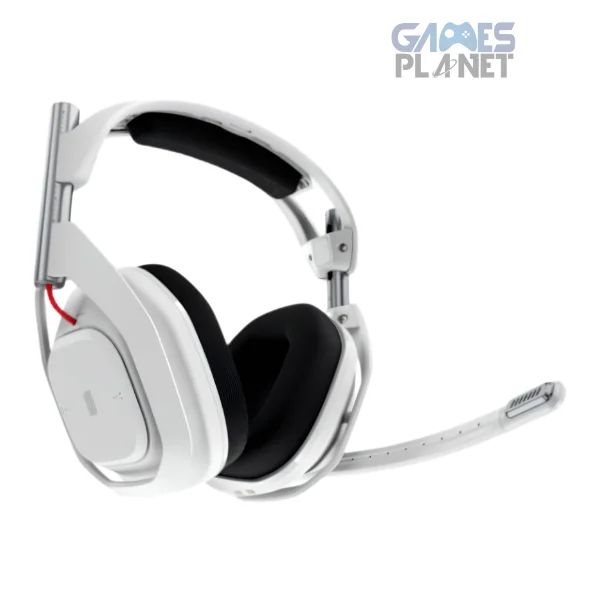 White ASTRO Gaming A50 wireless over-ear gaming headset with padded ear cushions and adjustable headband resting on a plain background.