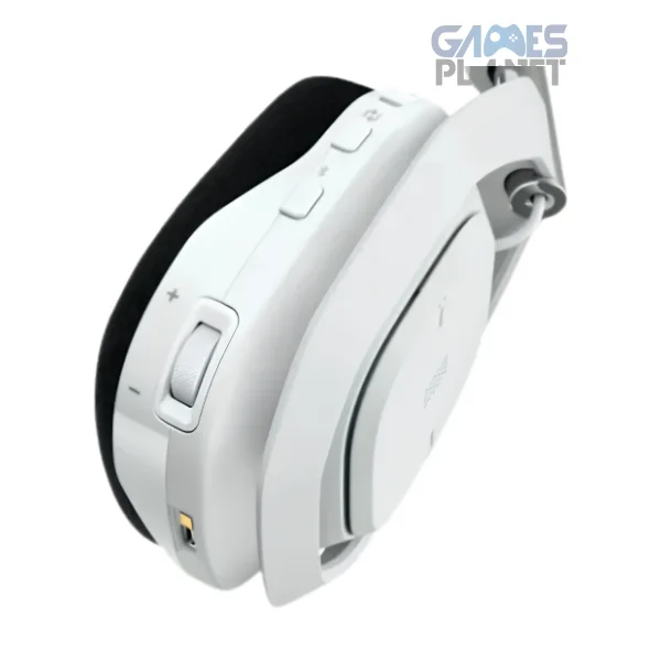 White ASTRO Gaming A50 wireless over-ear gaming headset with padded ear cushions and adjustable headband resting on a plain background.