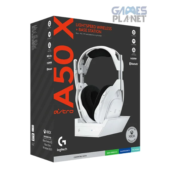 White ASTRO Gaming A50 wireless over-ear gaming headset with padded ear cushions and adjustable headband resting on a plain background.