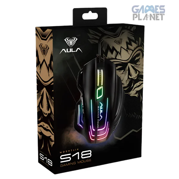 AULA S18 RGB wired gaming mouse with 7 programmable buttons and adjustable 6400 DPI.