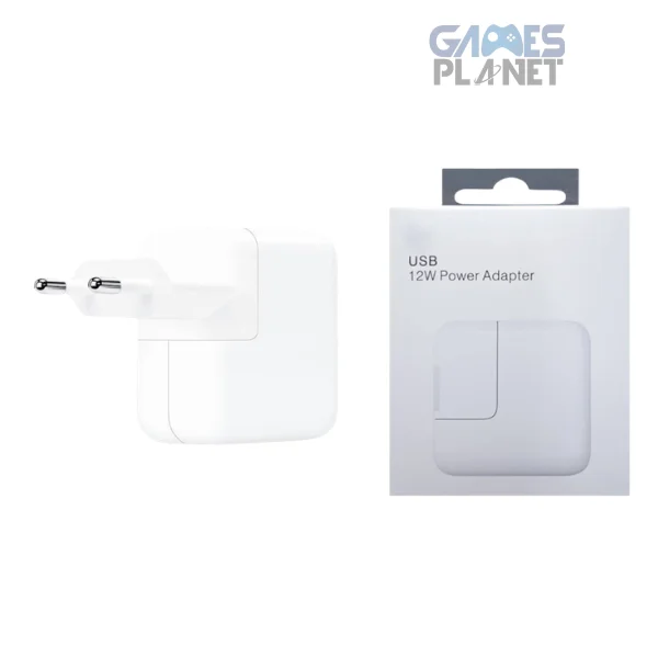 Apple 12W USB Power Adapter in white with USB-A charging port, compact design, and fast, reliable charging for compatible Apple devices.
