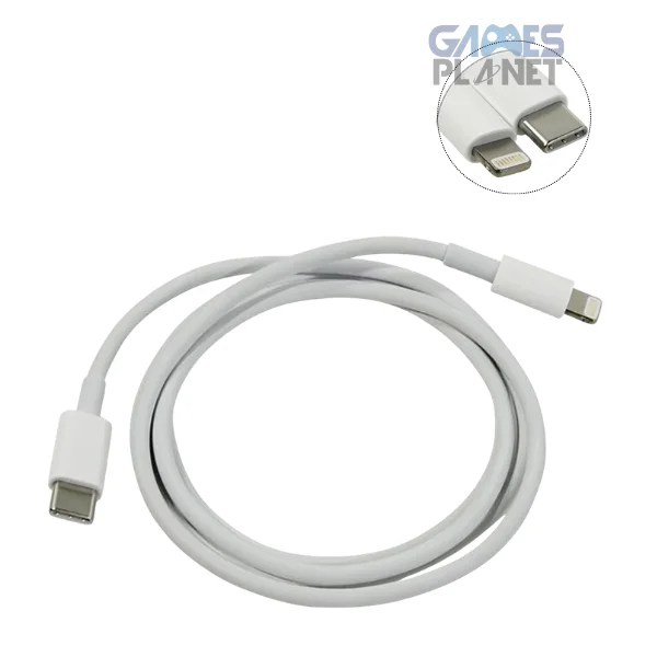 Apple USB-C to Lightning Cable with USB-C and Lightning connectors, designed for fast charging, data syncing, and reliable connectivity with compatible Apple devices.