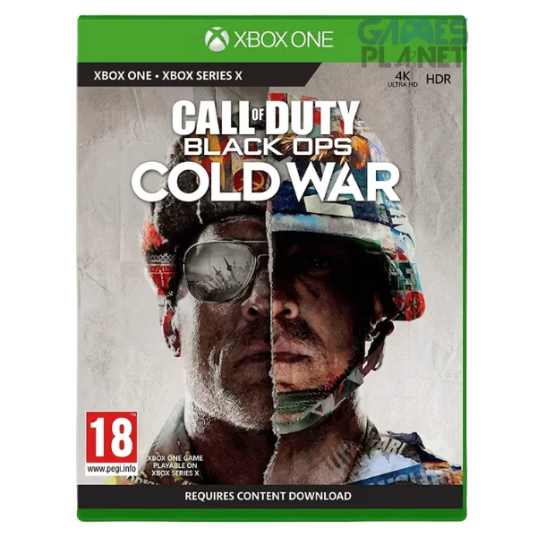 Xbox One edition of Call of Duty: Black Ops Cold War in its retail game case. The cover artwork depicts a split-faced soldier composed of imagery representing opposing Cold War factions, with military elements and a tense espionage theme. The Xbox One branding appears across the top of the case.