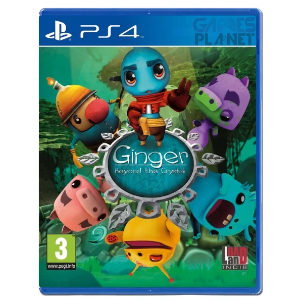 Ginger: Beyond The Crystal PS4 cover showing a colorful fantasy world with Ginger, a young hero, standing in front of vibrant village environments, magical crystals, and cartoon-style characters in a platform adventure setting.